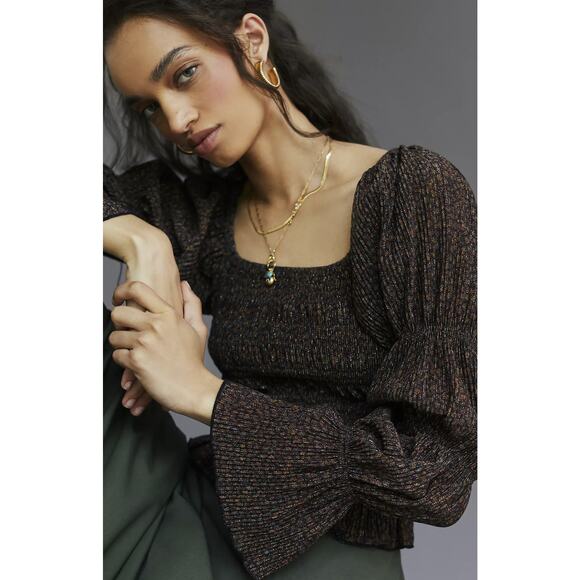 Anthropologie Brown Shimmer Puff-Sleeved Blouse - XL New - Picture 2 of 6